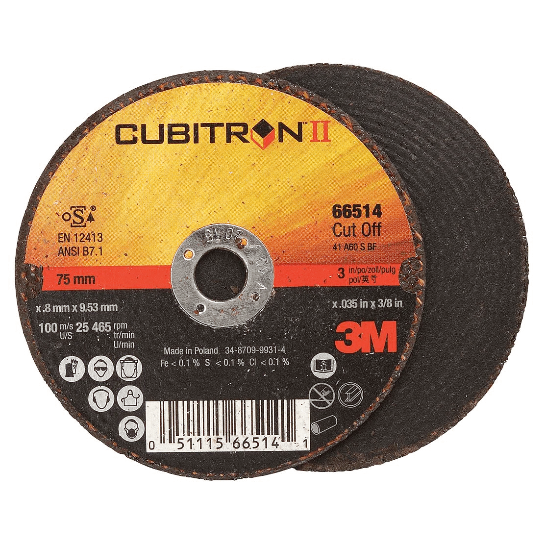 3M Cubitron II 3" Type 1 Cutting Wheel, .035" x 3/8" 50/pk- 66514