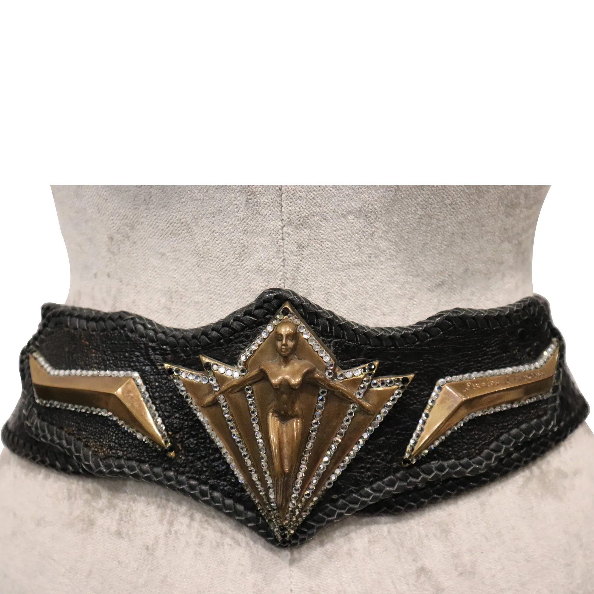 Artist Stratos R. Christoph Bronze Woman Leather Belt W/ Rhinestone Trim