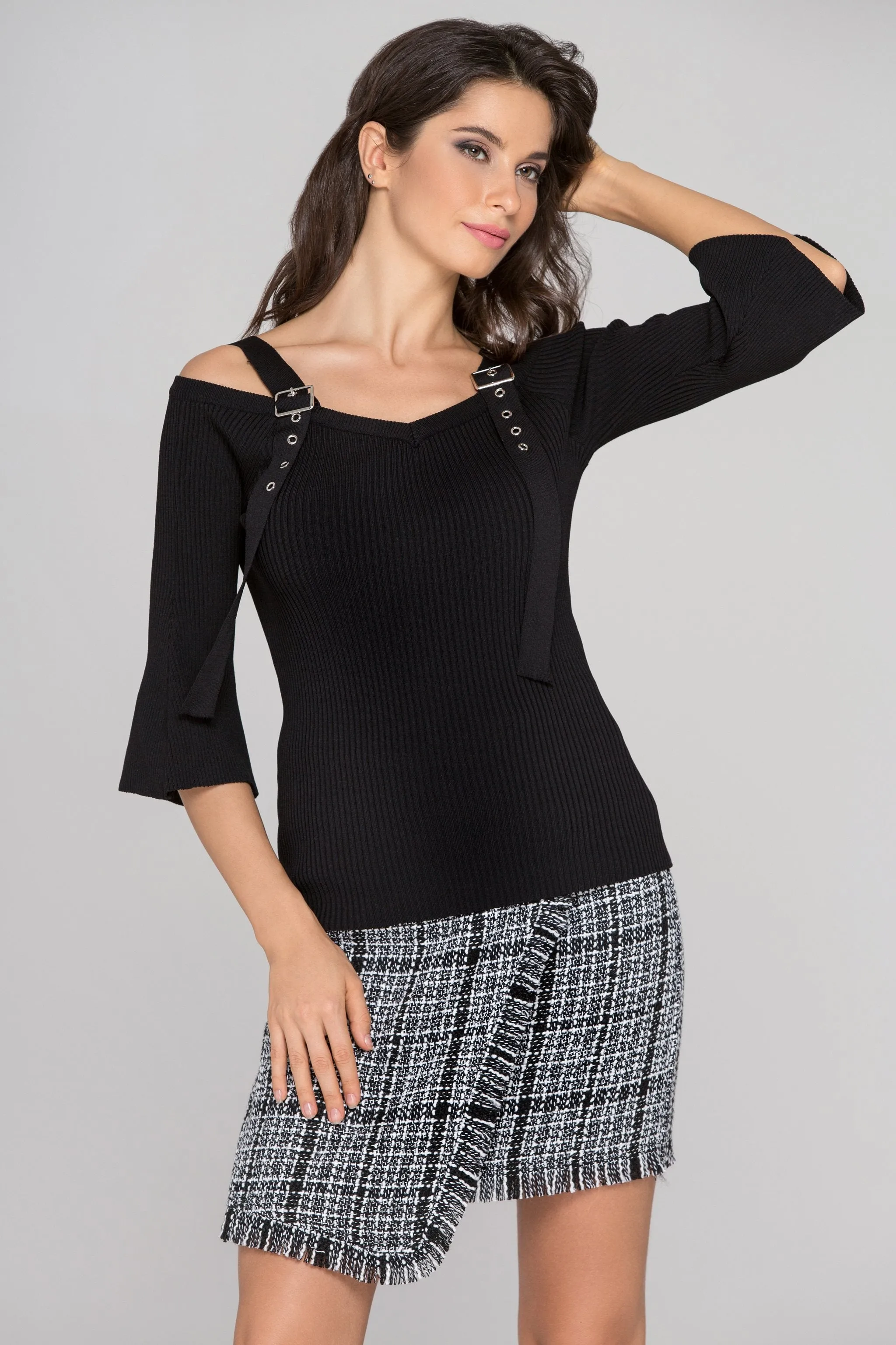 Black Knit Flare Sleeve Belt Strap Top