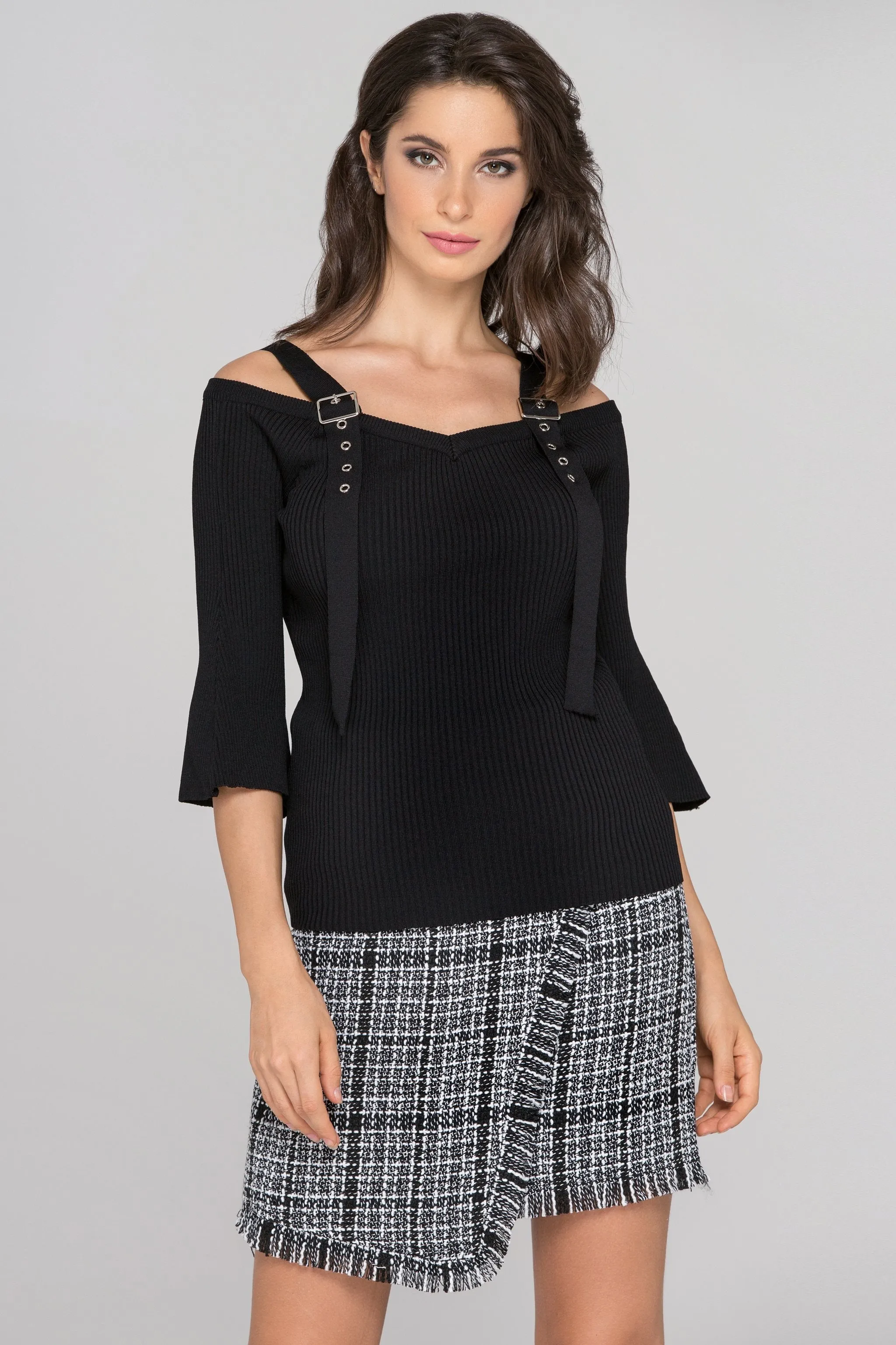 Black Knit Flare Sleeve Belt Strap Top