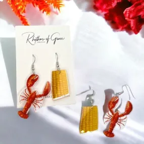 Crawfish Boil Earrings - Crawfish Earrings, Mardi Gras, New Orleans, Lobster Earrings, Mardi Gras Accessories, Cajun Earrings, Corn Earrings