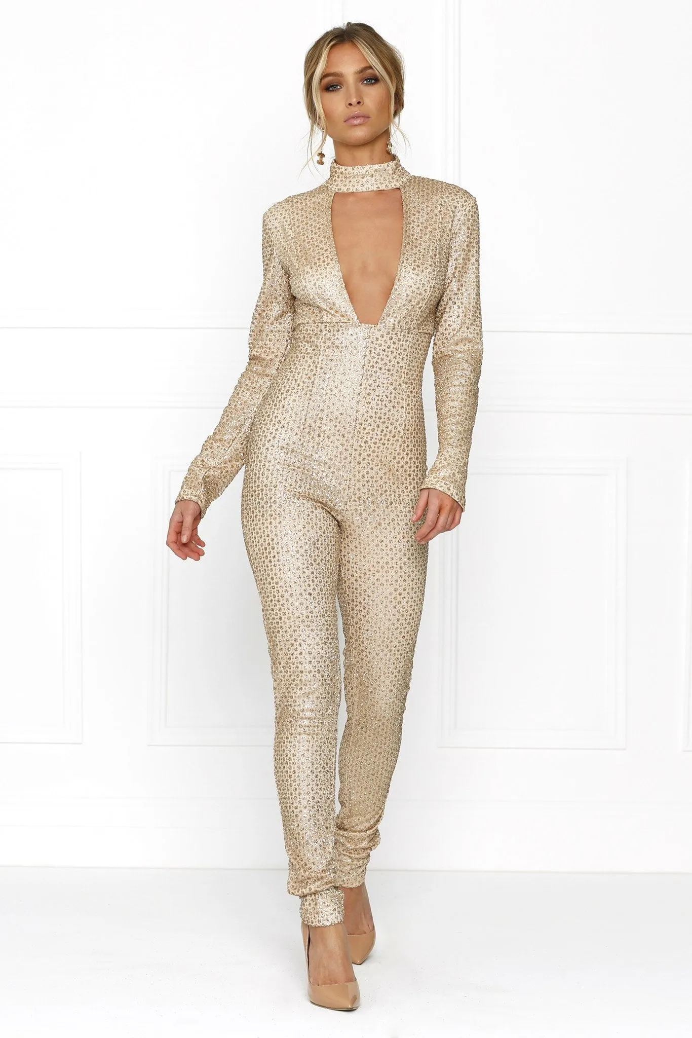 Honey Couture GLITA Gold Deep V Front Jumpsuit