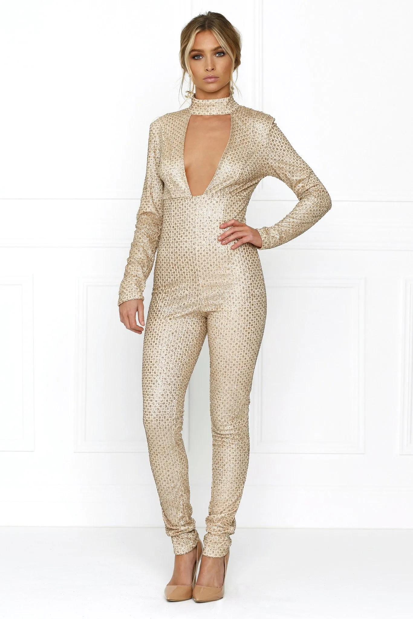 Honey Couture GLITA Gold Deep V Front Jumpsuit