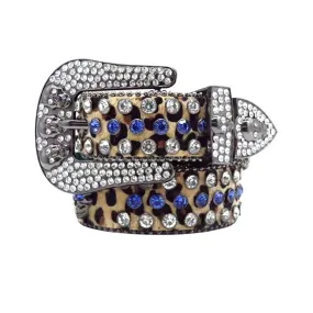 Rhinestone Skull Buckle Leopard Strap With Blue & Crystal Studded Belt