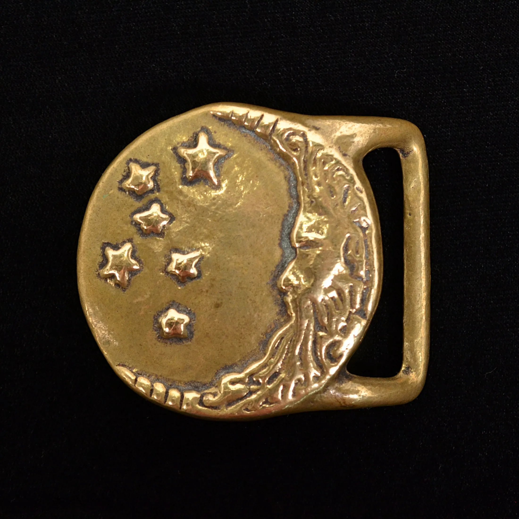 SOLD Vintage 70s Man in The Moon Belt Buckle, Solid Brass Celestial Stars Hippie Buckle, Trinty 119.9 Grams