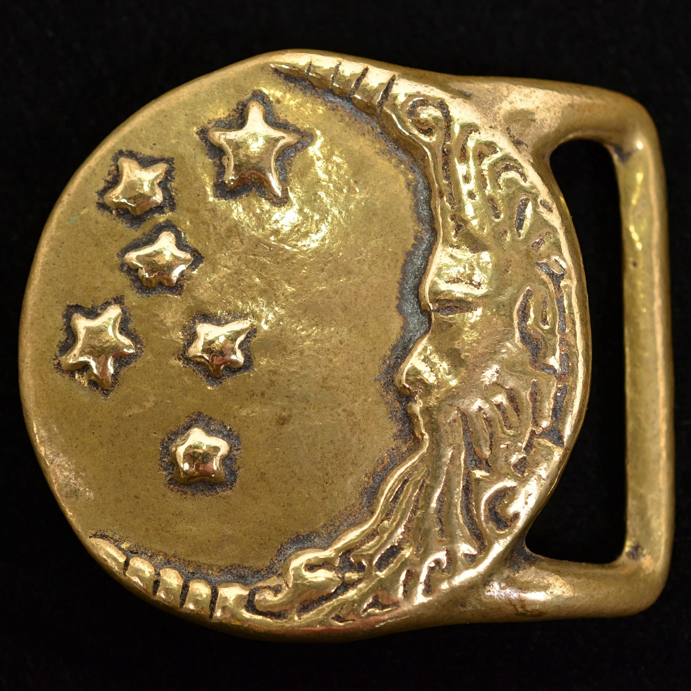 SOLD Vintage 70s Man in The Moon Belt Buckle, Solid Brass Celestial Stars Hippie Buckle, Trinty 119.9 Grams